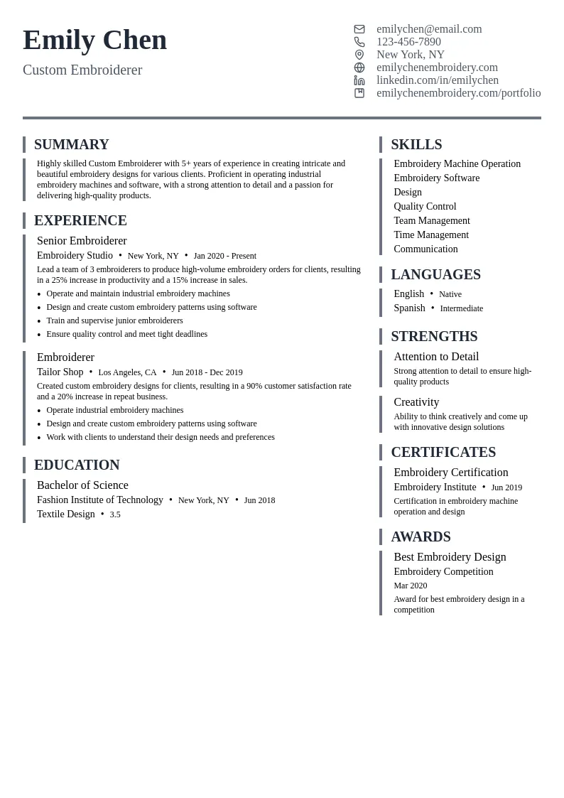 Custom Embroiderer resume example