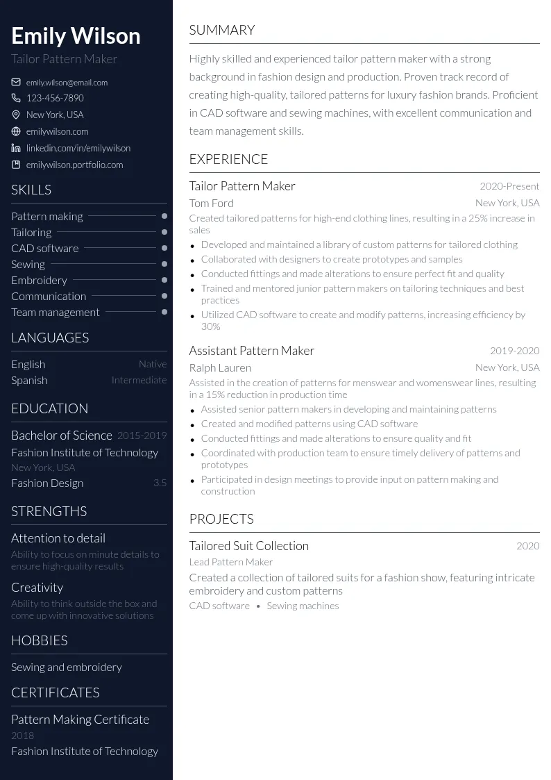Tailor Pattern Maker resume example