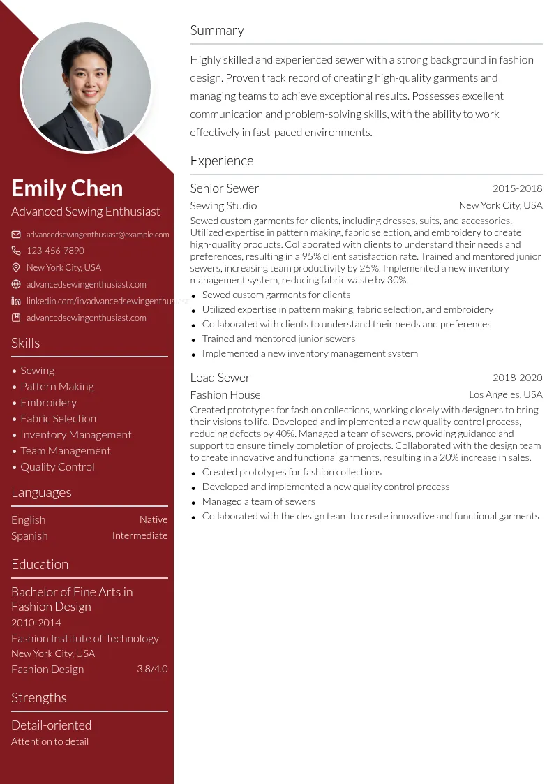 Advanced Sewing Enthusiast resume example