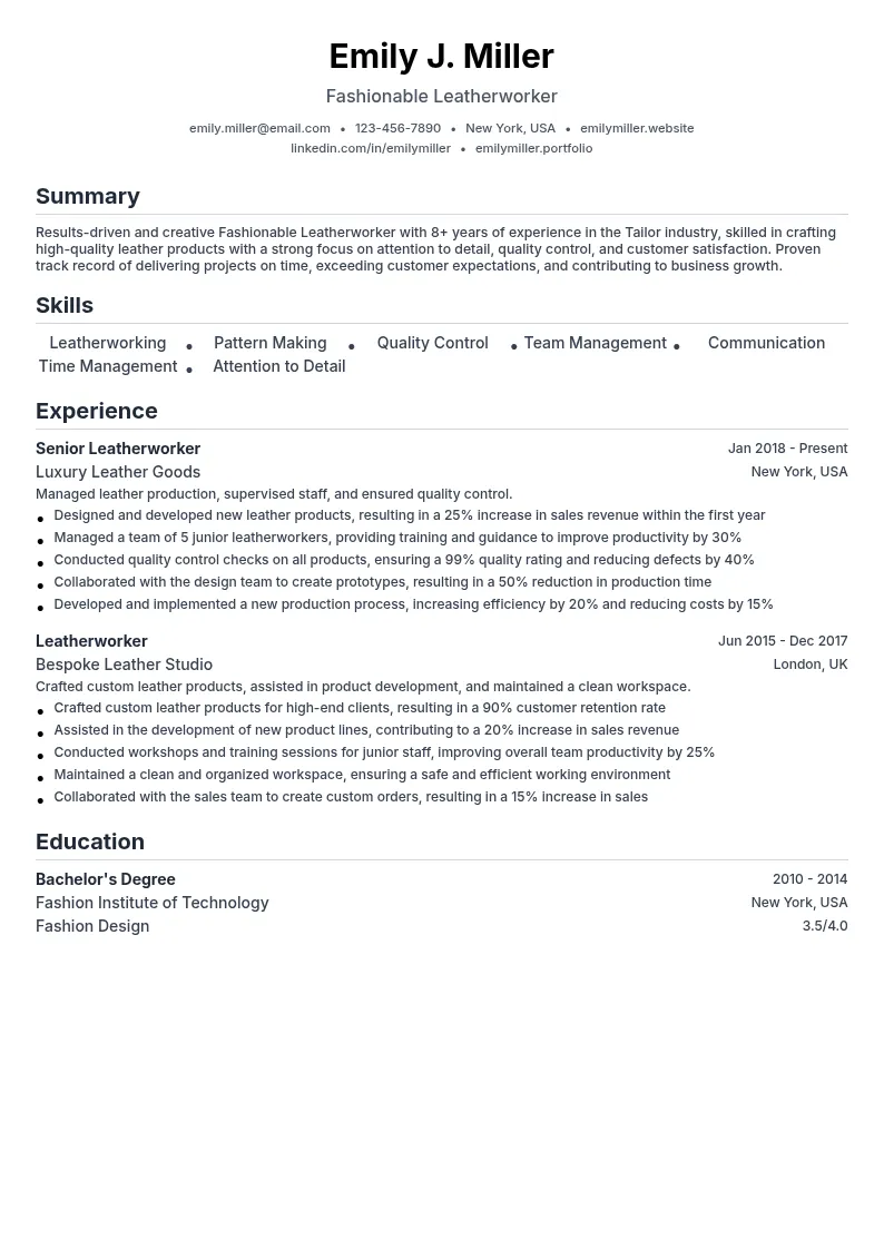 Fashionable Leatherworker resume example