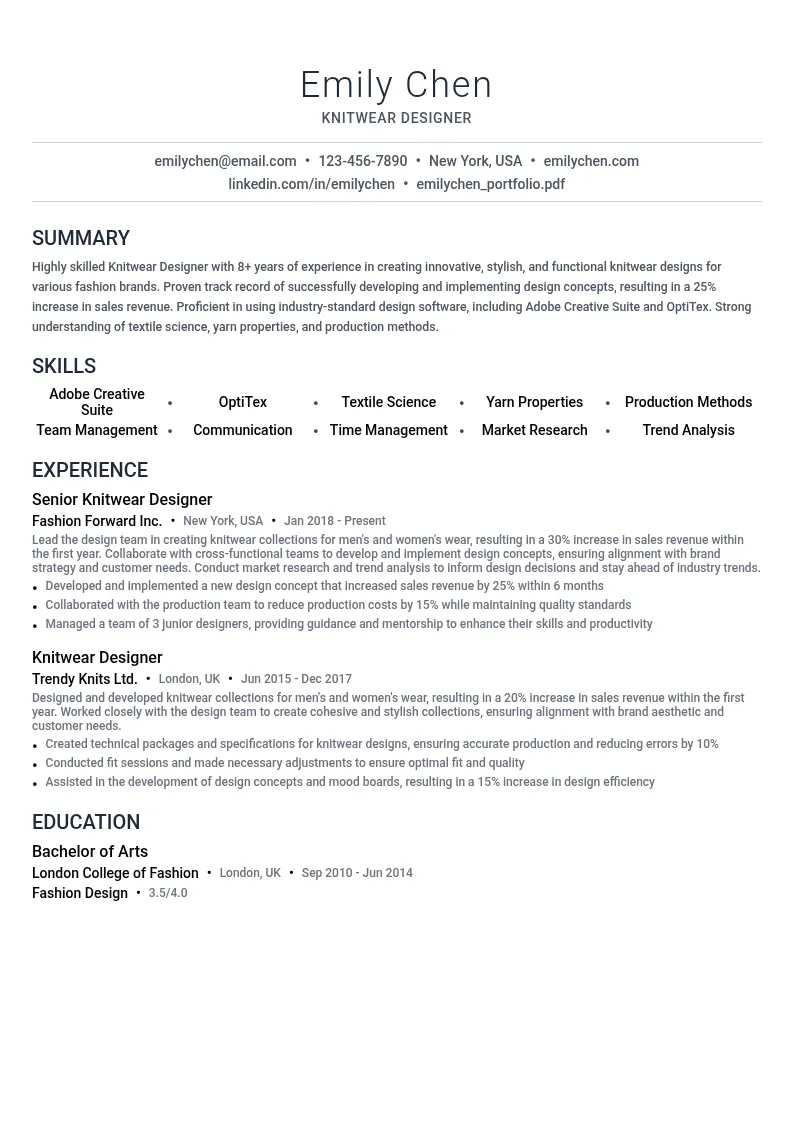 Knitwear Designer resume example