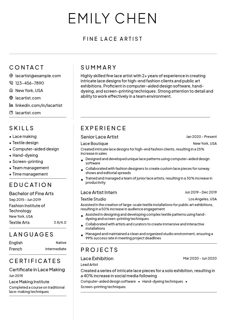 Fine Lace Artist resume example