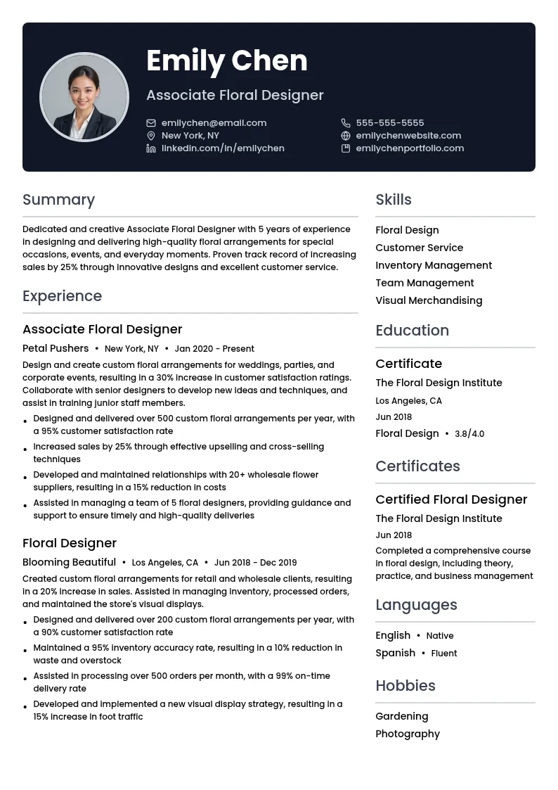 Associate Floral Designer resume example