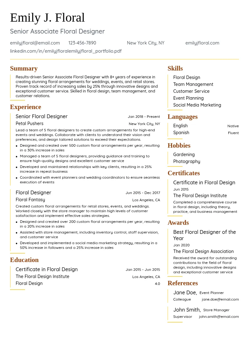 Senior Associate Floral Designer resume example