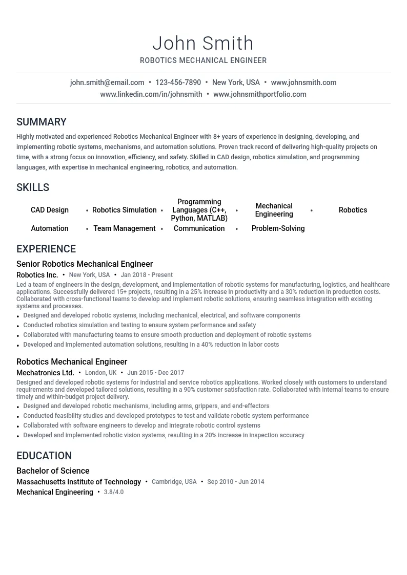 Robotics Mechanical Engineer resume example