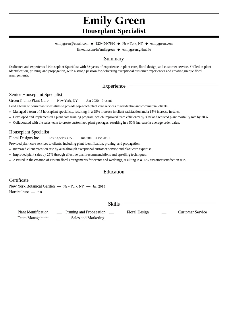 Houseplant Specialist resume example