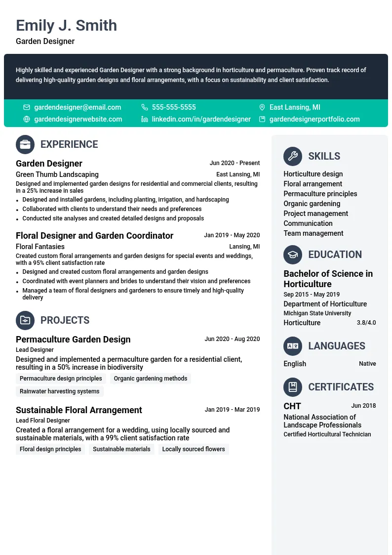 Garden Designer resume example