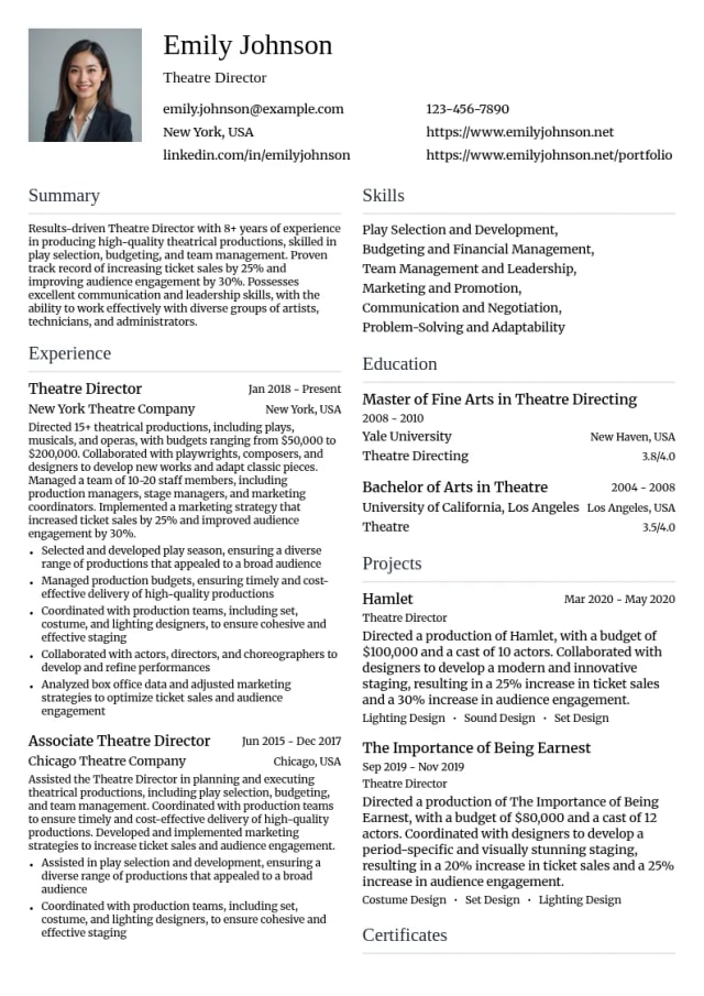Theatre Director resume example