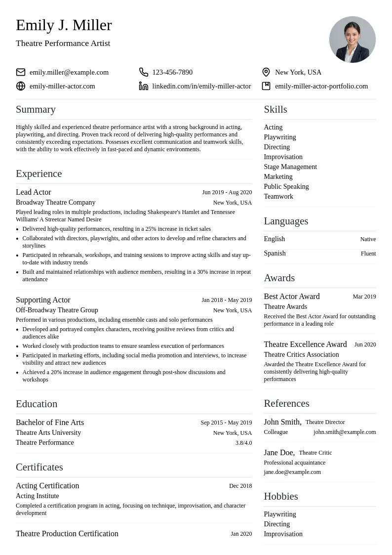 Theatre Performance resume example