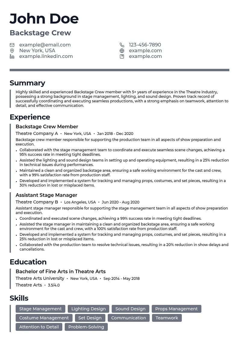 Backstage Crew resume example