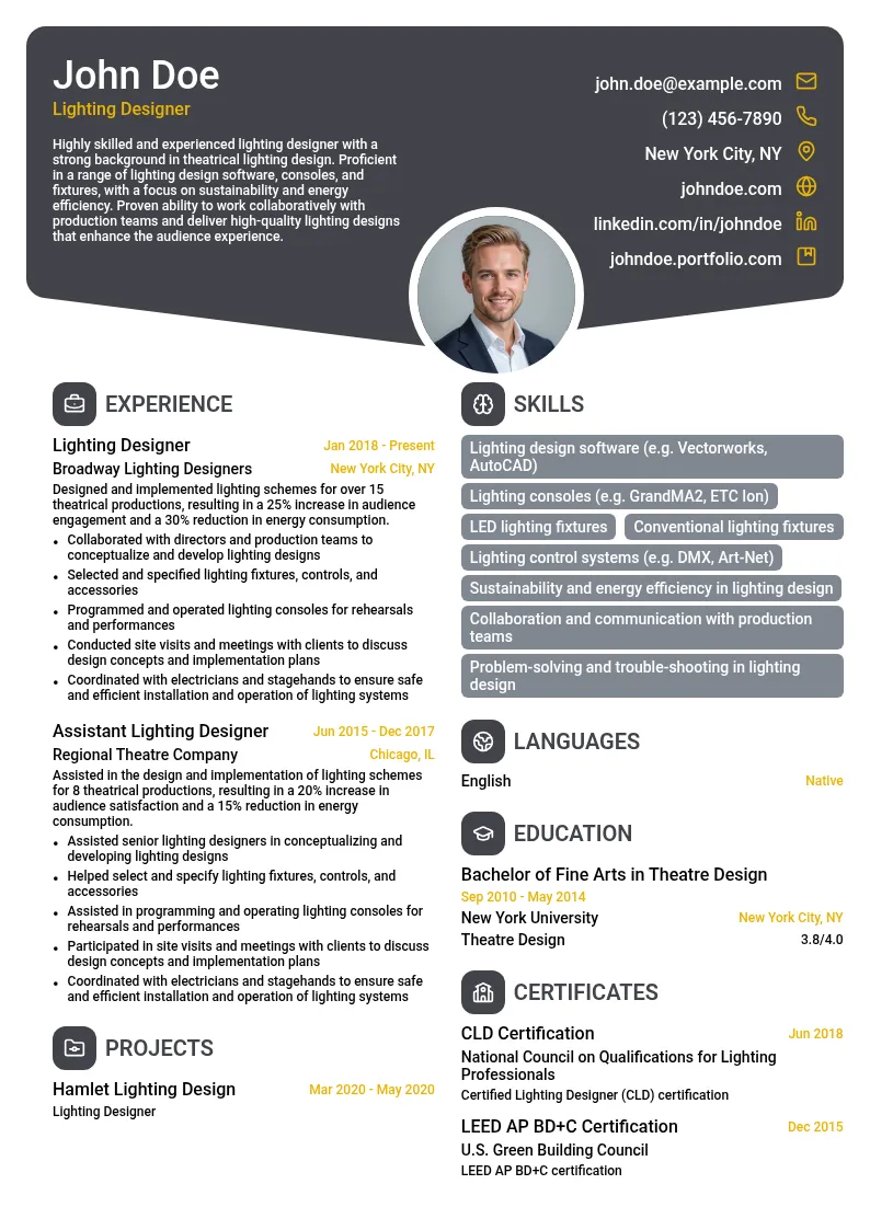 Lighting Designer resume example