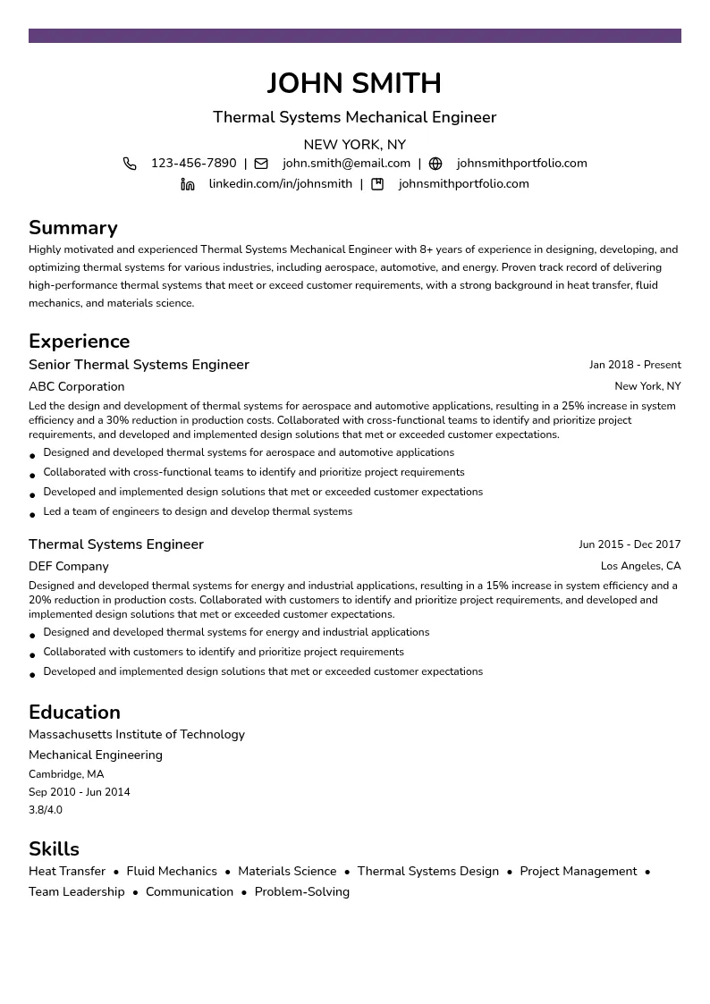 Thermal Systems Mechanical Engineer resume example