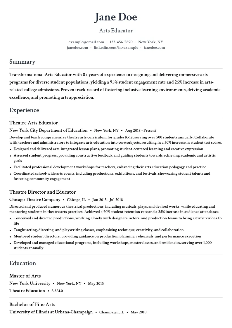 Arts Educator resume example