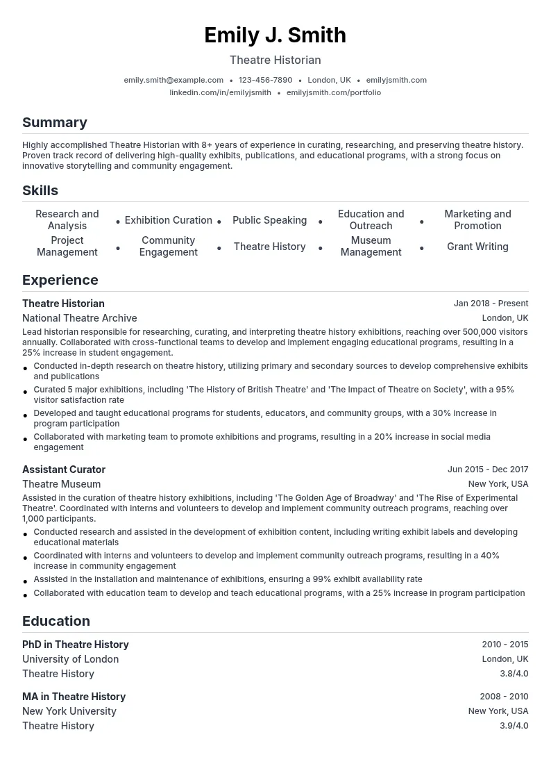 Theatre Historian resume example