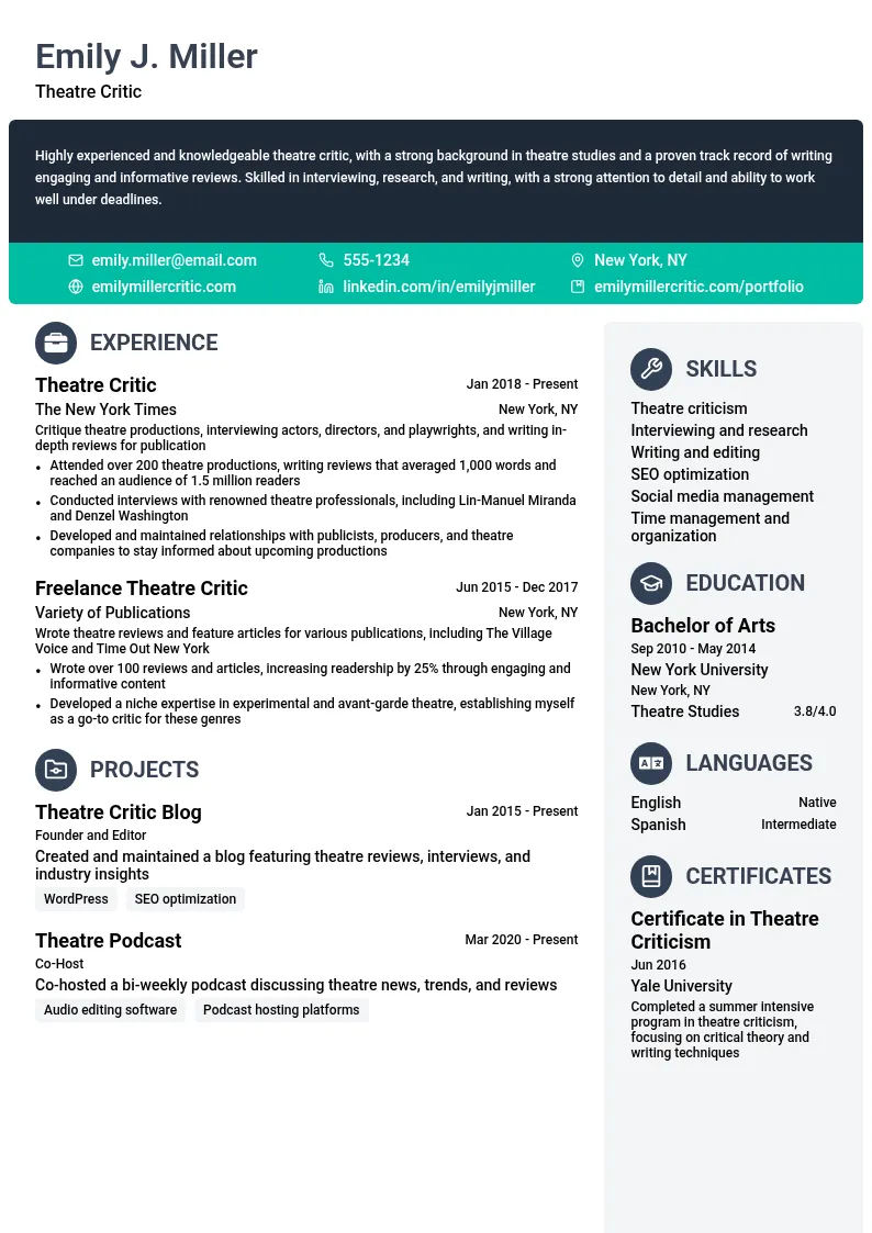 Theatre Critic resume example