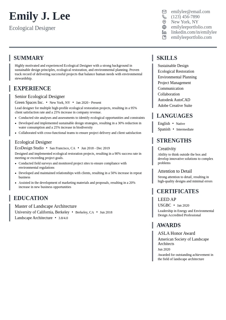 Ecological Designer resume example