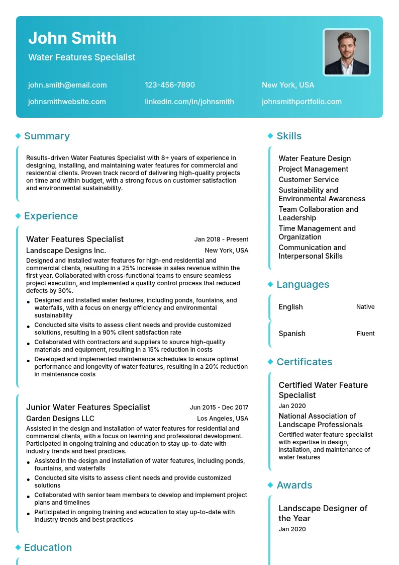 Water Features Specialist resume example