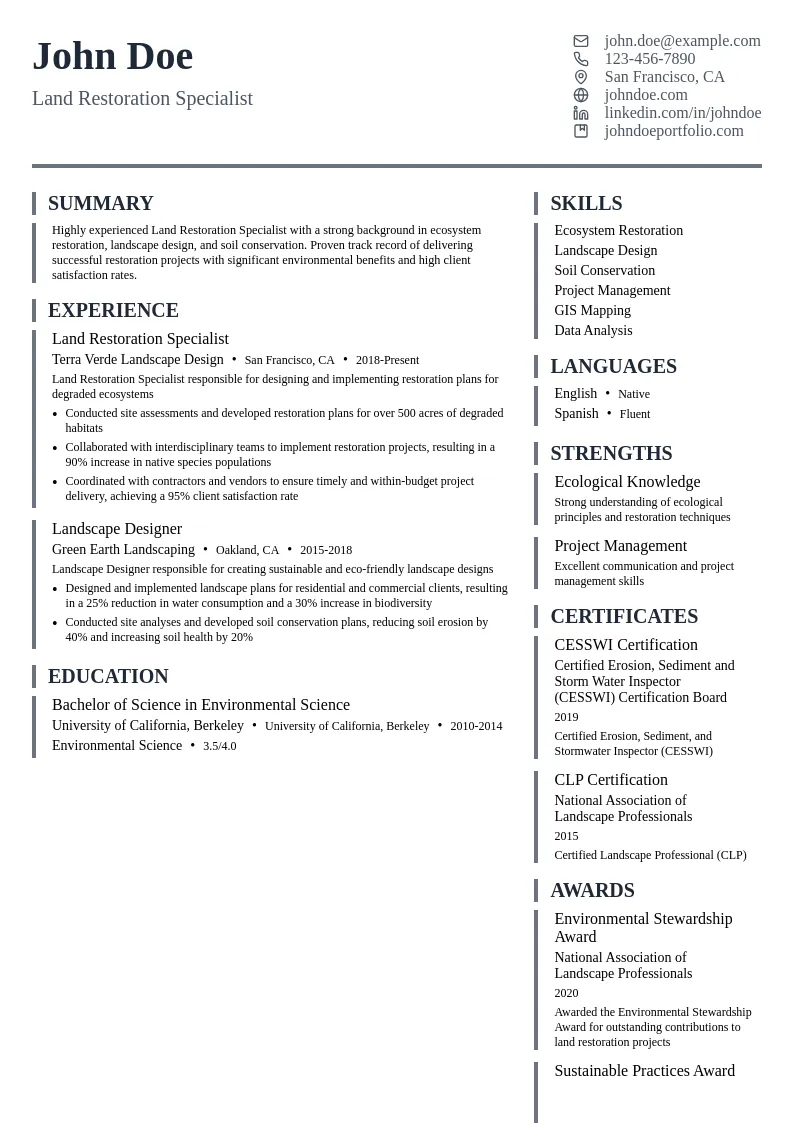 Land Restoration Specialist resume example