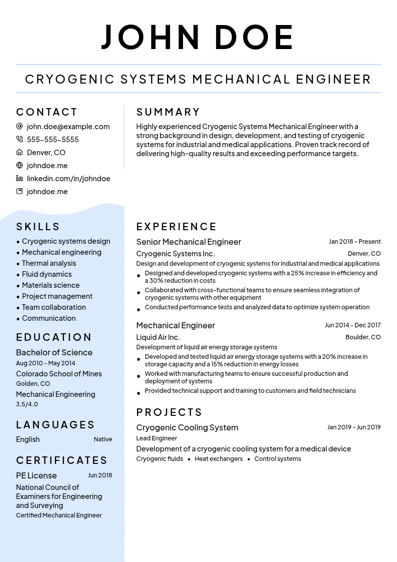 Cryogenic Systems Mechanical Engineer resume example