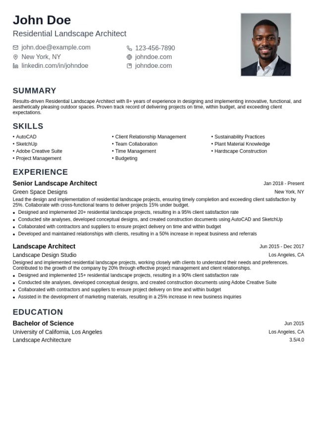 Residential Landscape Architect resume example