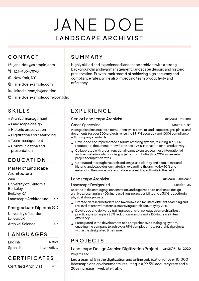 Landscape Archivist resume example