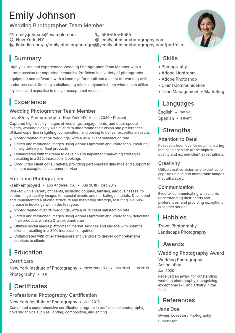 Wedding Photographer Team Member resume example