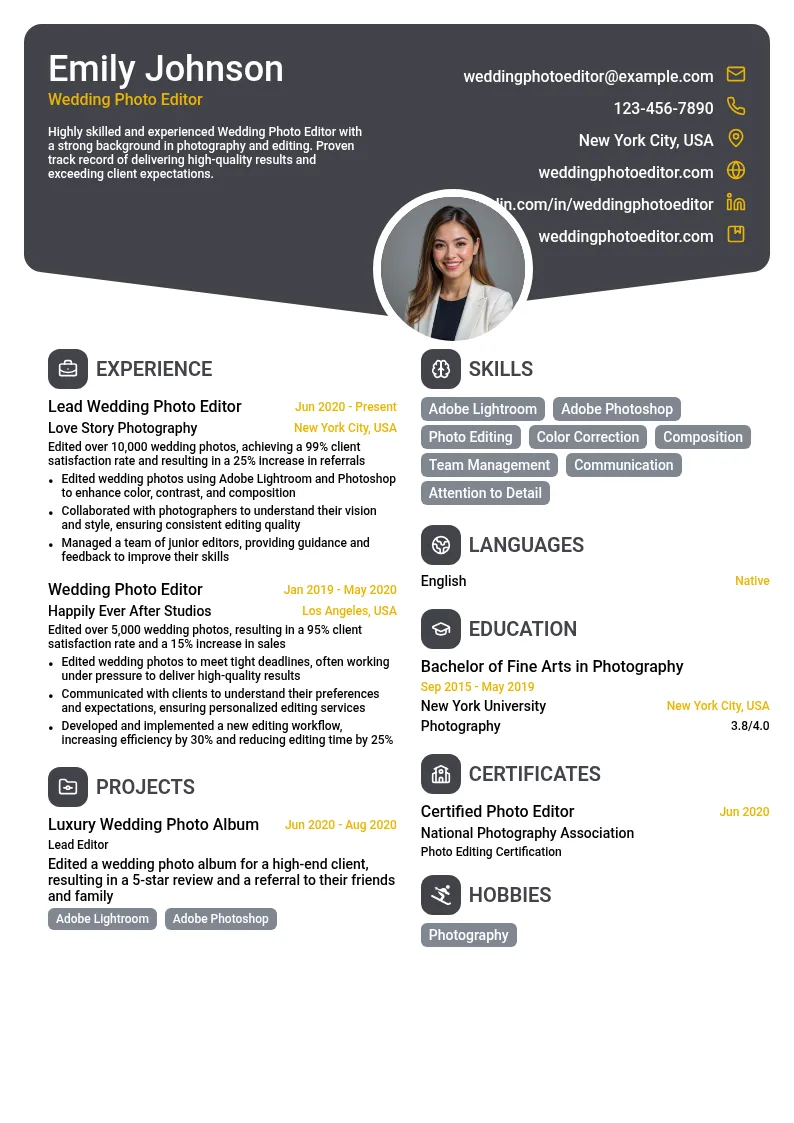 Wedding Photo Editor resume example