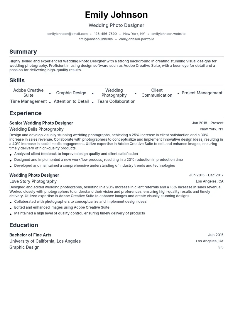 Wedding Photo Designer resume example