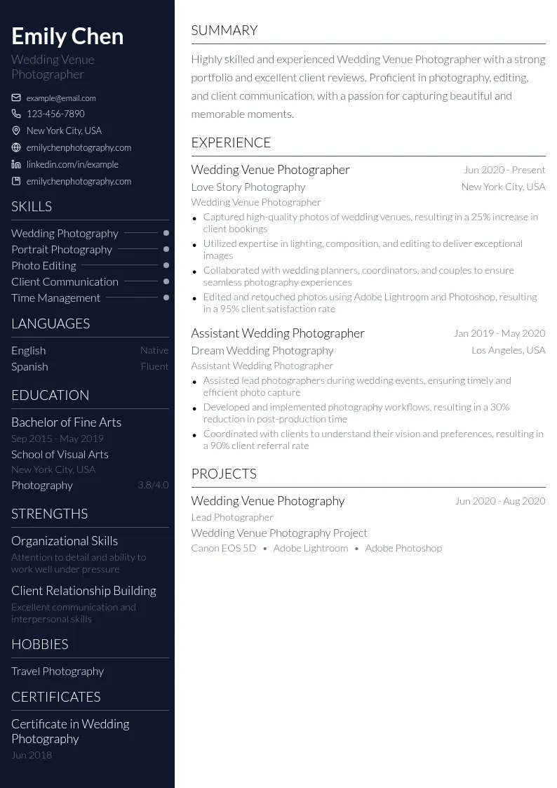 Wedding Venue Photographer resume example