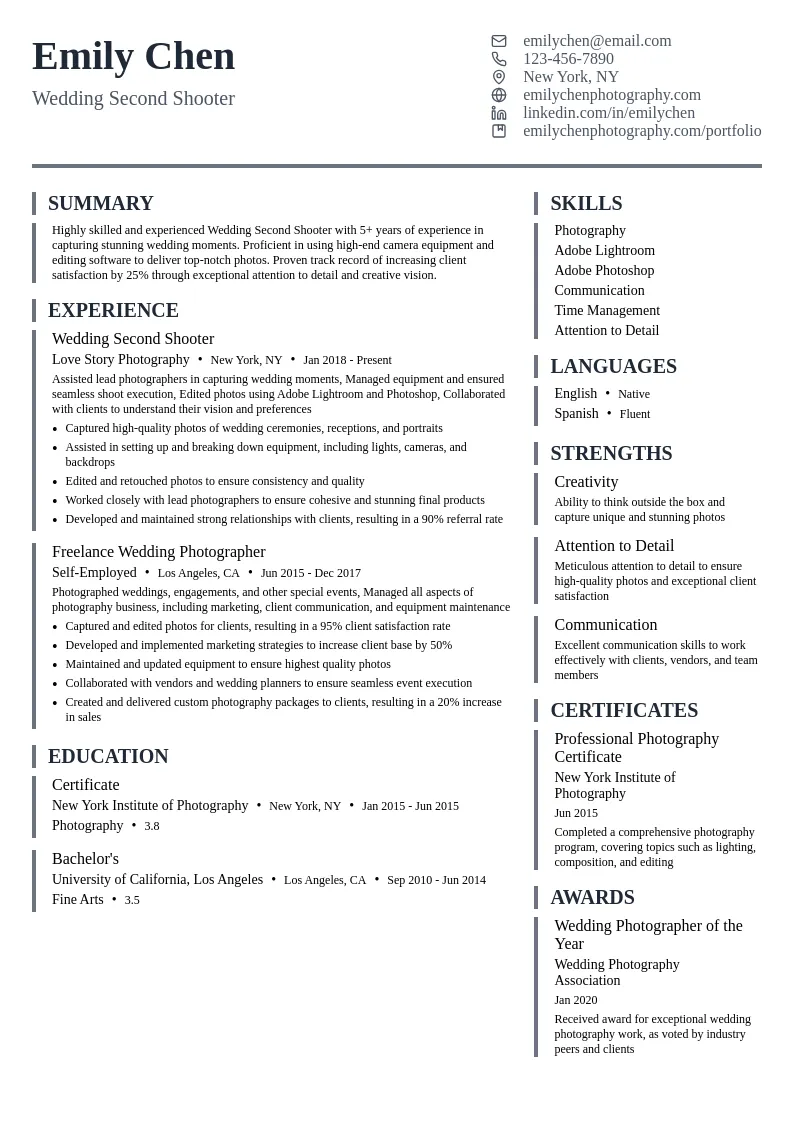 Wedding Second Shooter resume example