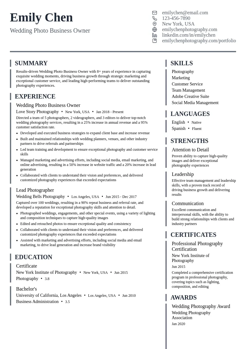 Wedding Photo Business Owner resume example