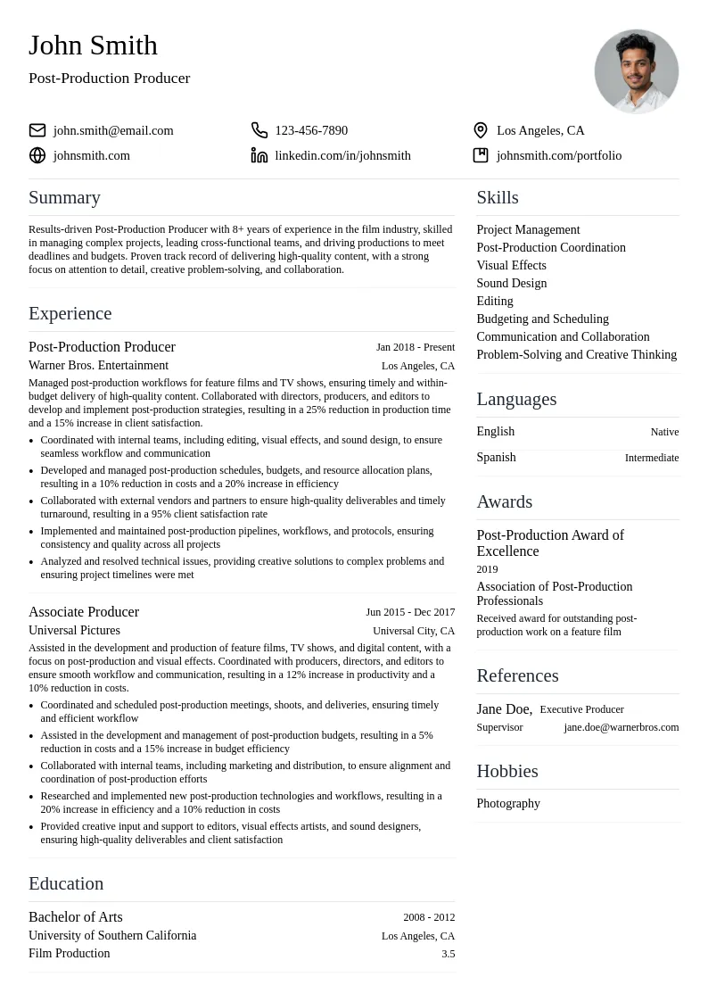 Post-Production Producer resume example