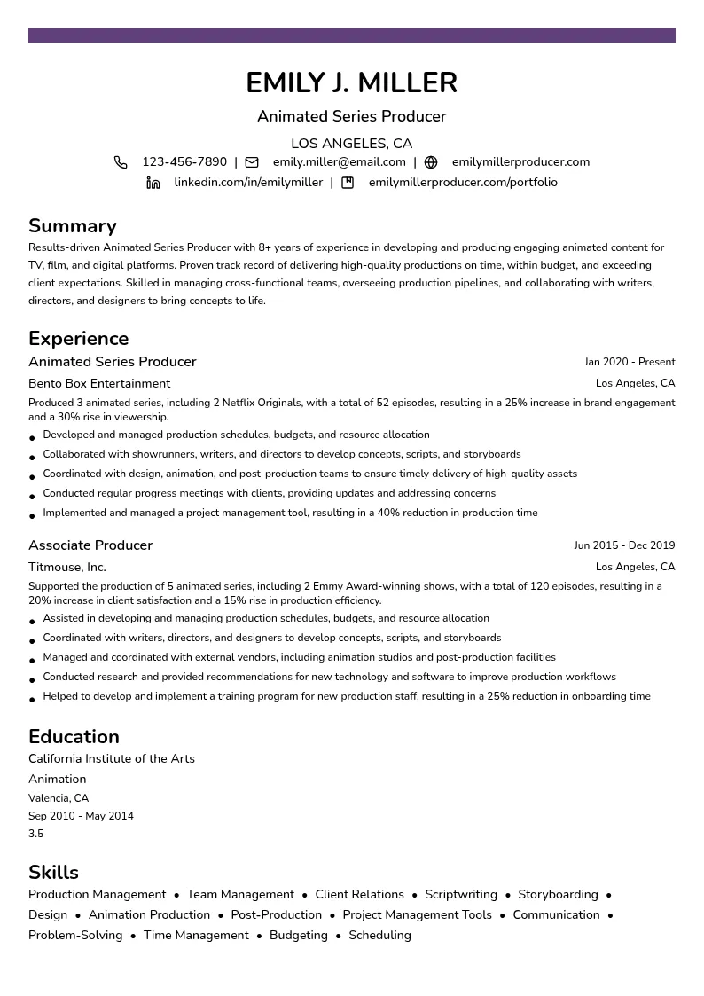 Animated Series Producer resume example