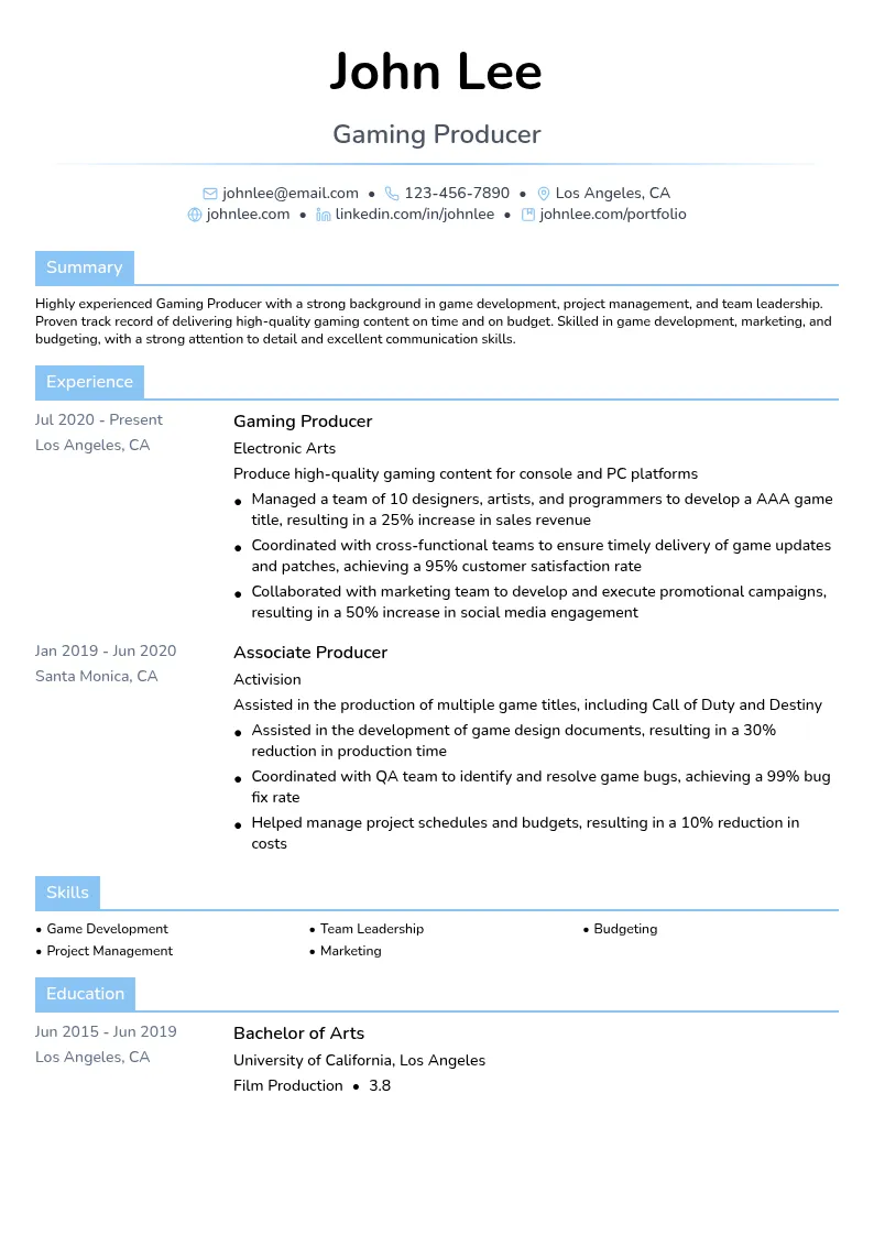 Gaming Producer resume example