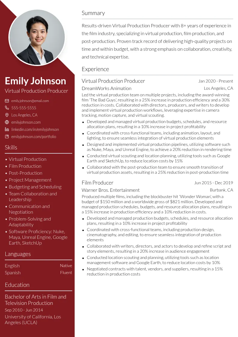 Virtual Production Producer resume example