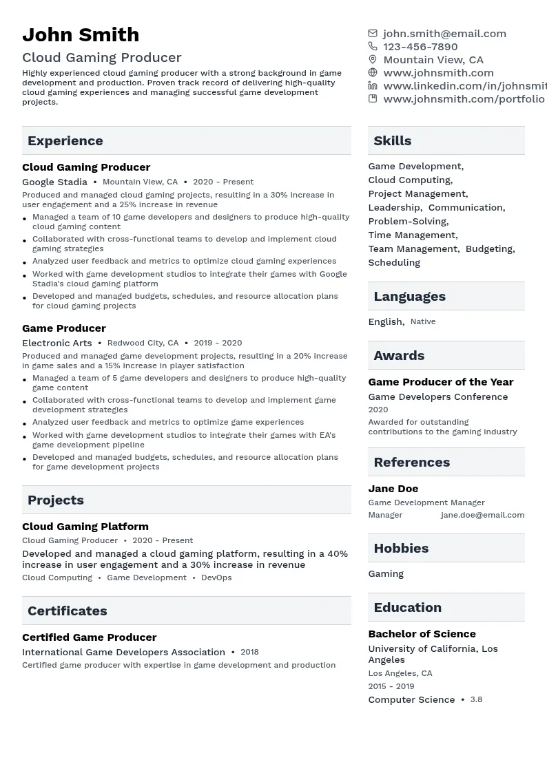 Cloud Gaming Producer resume example