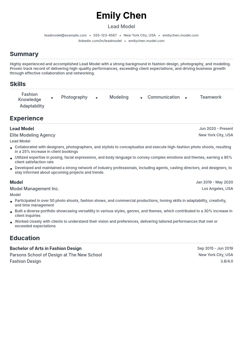 Lead Model resume example