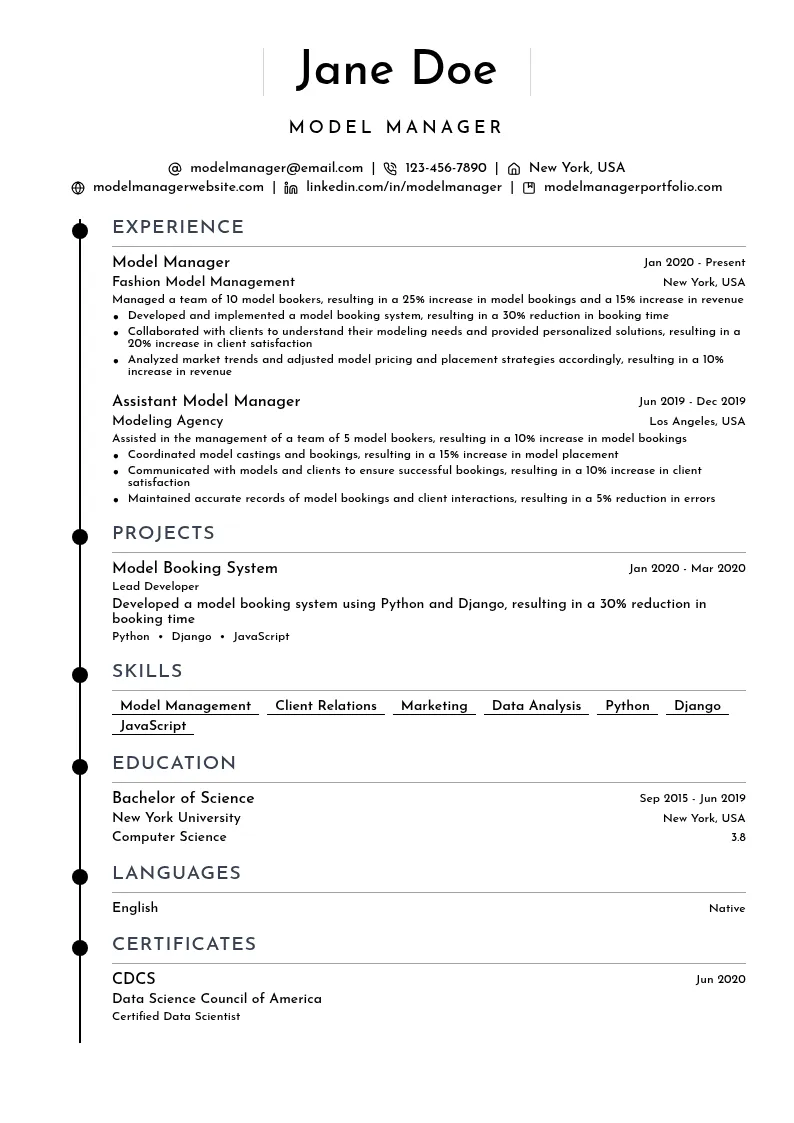 Model Manager resume example