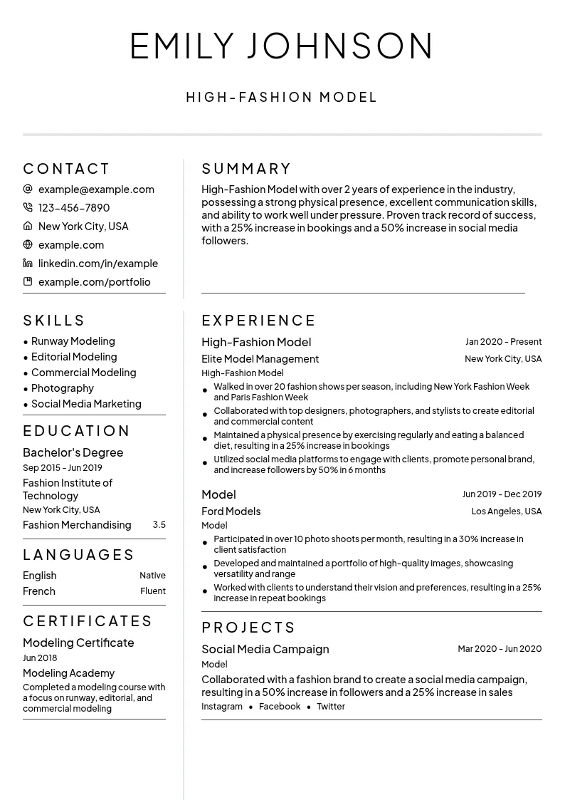 High-Fashion Model resume example
