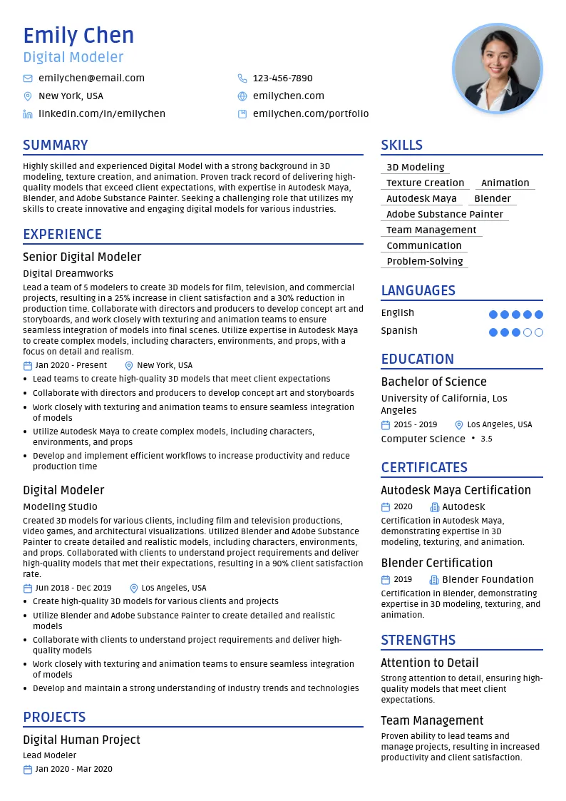 Digital Model resume example