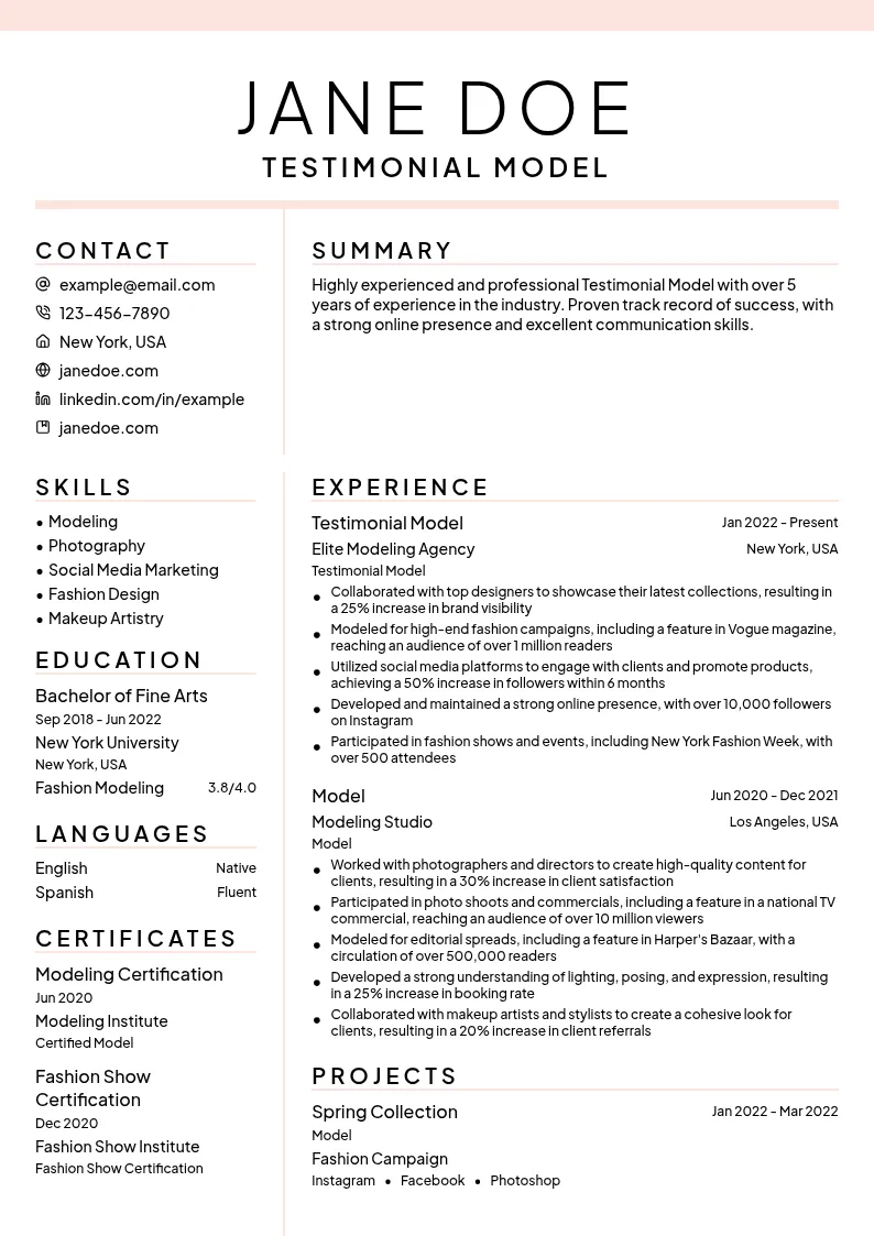 Testimonial Model resume example