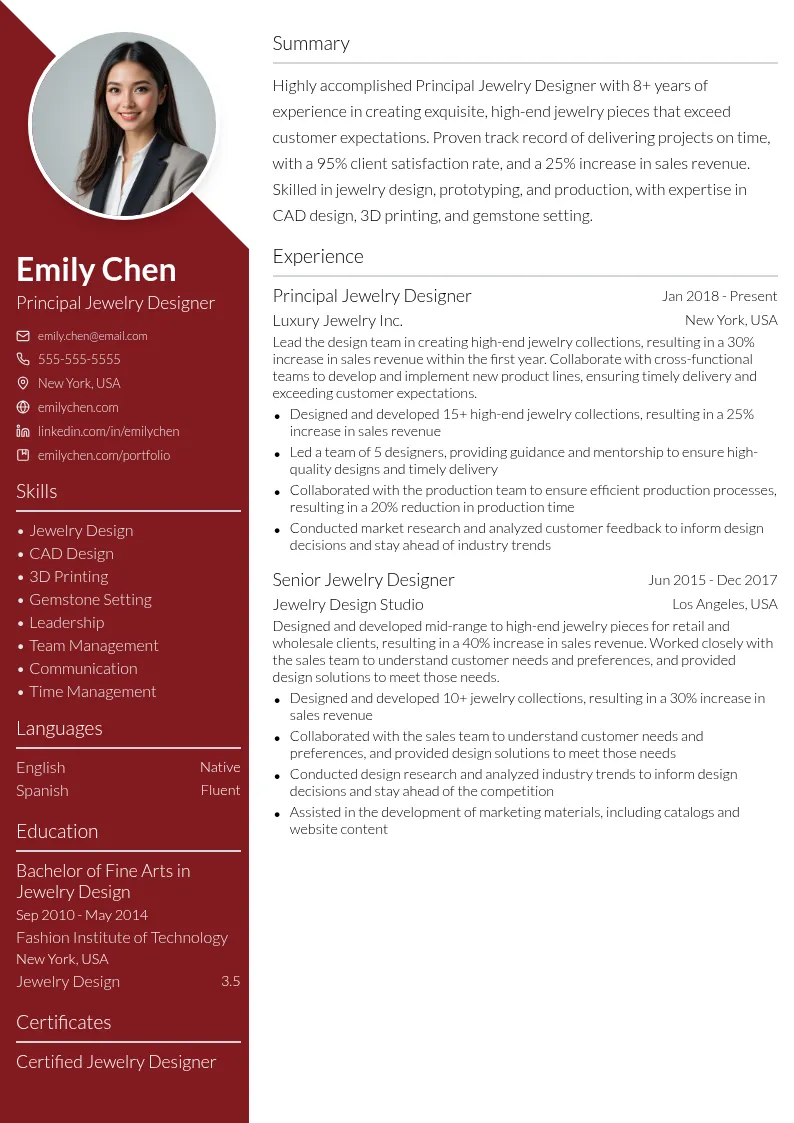 Principal Jewelry Designer resume example