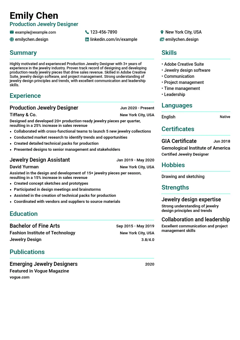 Production Jewelry Designer resume example