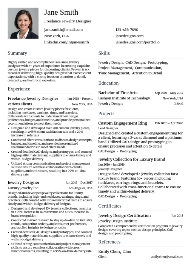 Freelance Jewelry Designer resume example