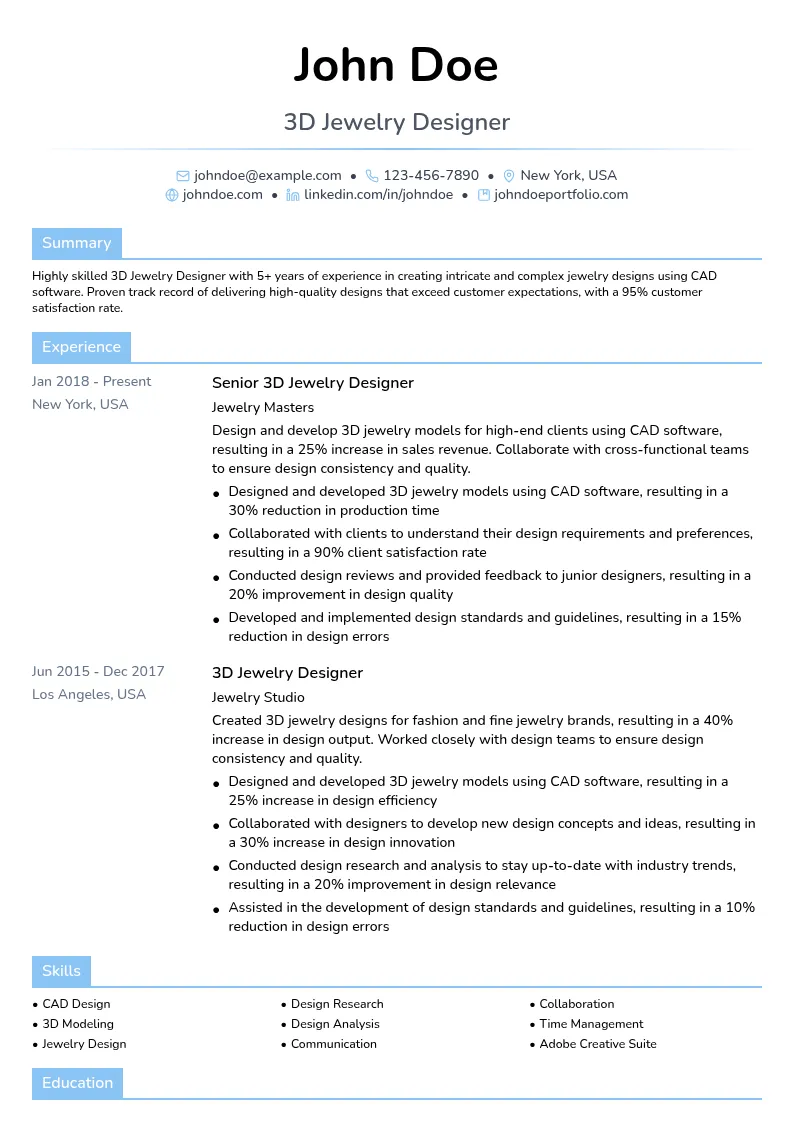 3D Jewelry Designer resume example