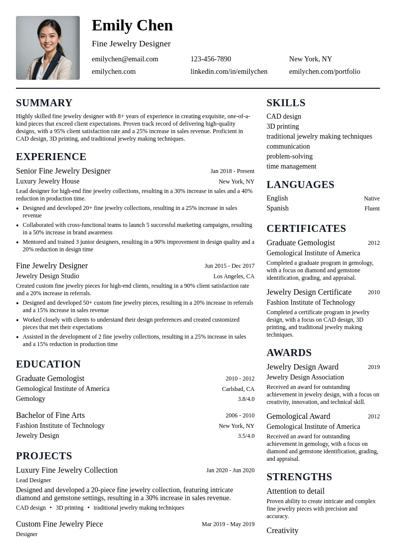 fine jewelry designer resume example