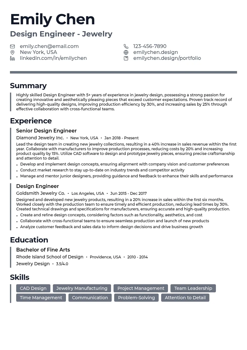 Design Engineer - Jewelry resume example