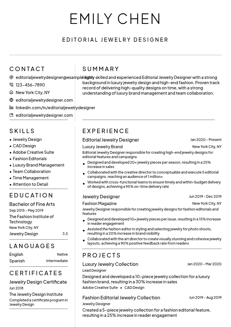 Editorial Jewelry Designer resume example