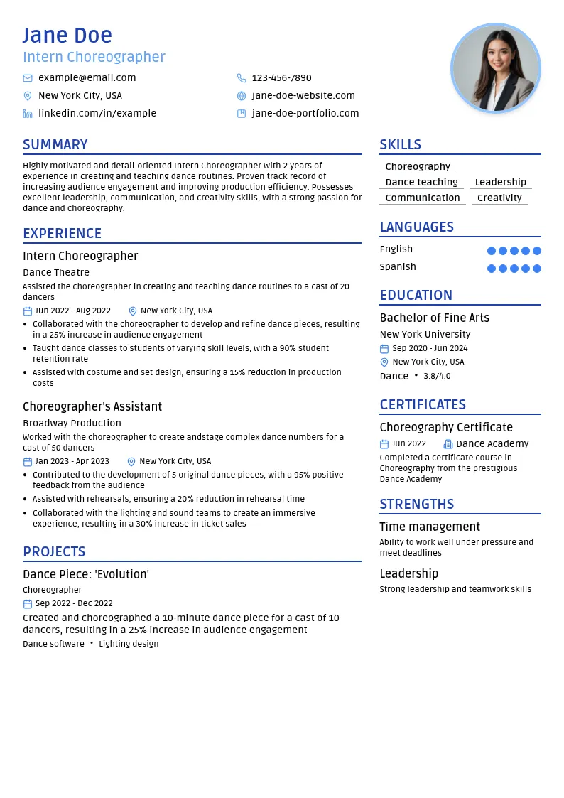 Intern Choreographer resume example
