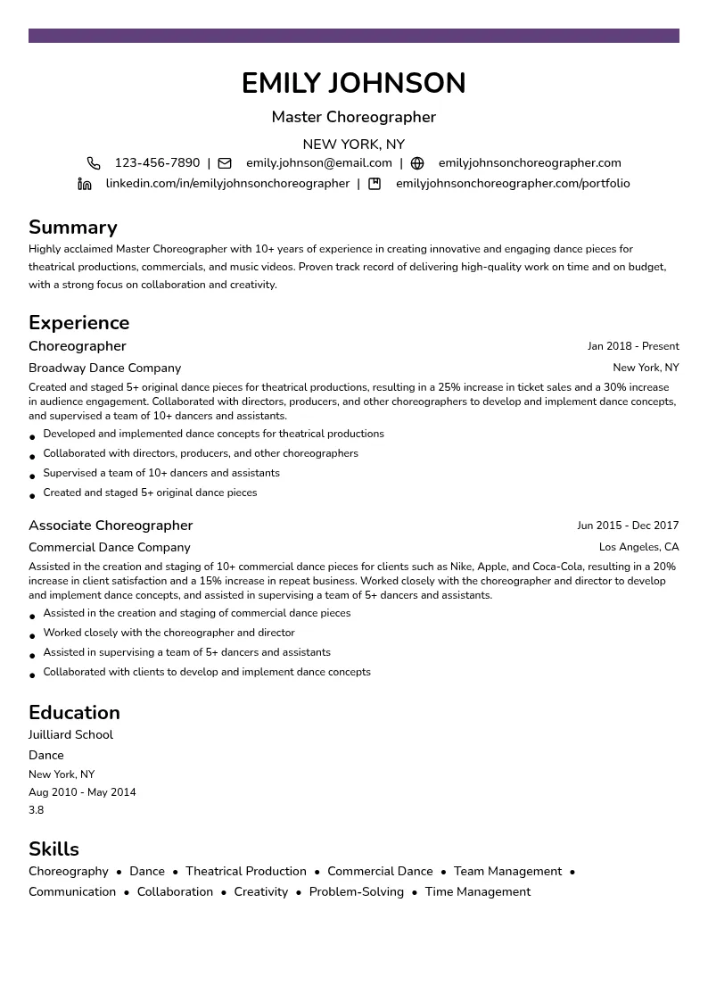 Master Choreographer resume example